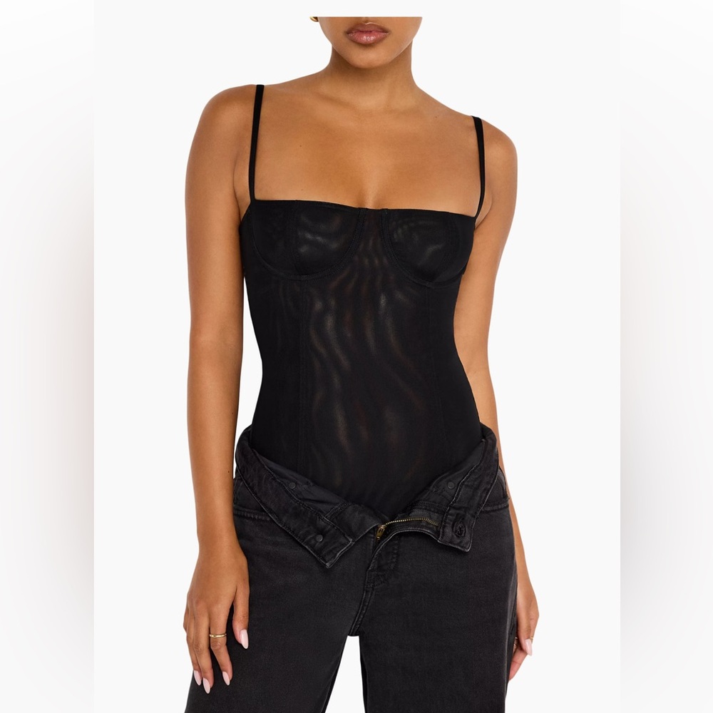 Good American Black Sheer Bustier Bodysuit